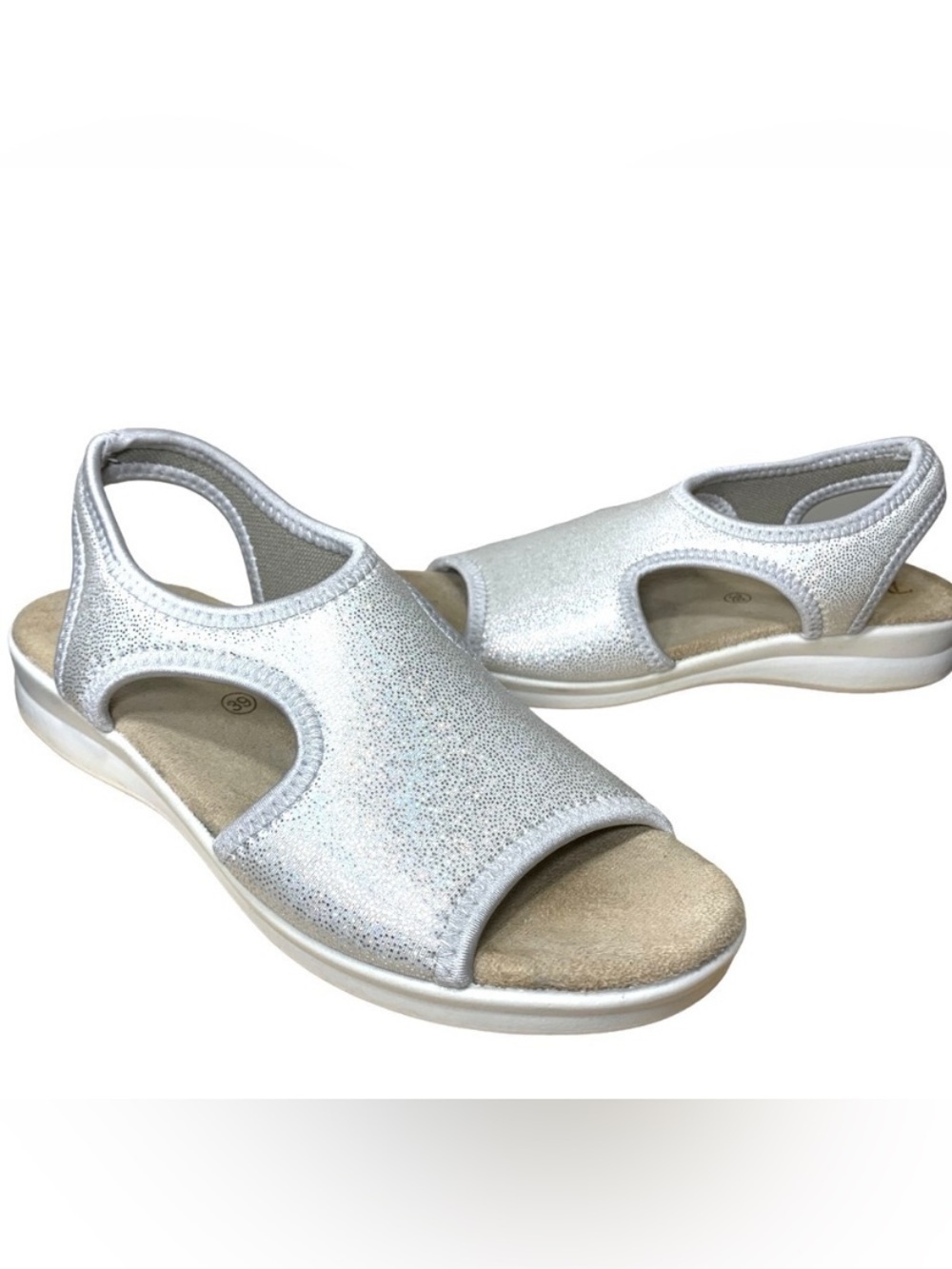 Polyflex Italy Silver Metallic Sandals Sz 39 Comfort Upper Stretch Fabric Sling